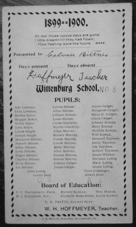 Calvin Bittner School Card, Somerset County PA
