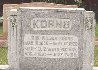 The tombstone of John Wilson and Mary Elizabeth (Geiger) Korns at the Cook Cemetery in Southampton Township, Somerset County, Pennsylvania.