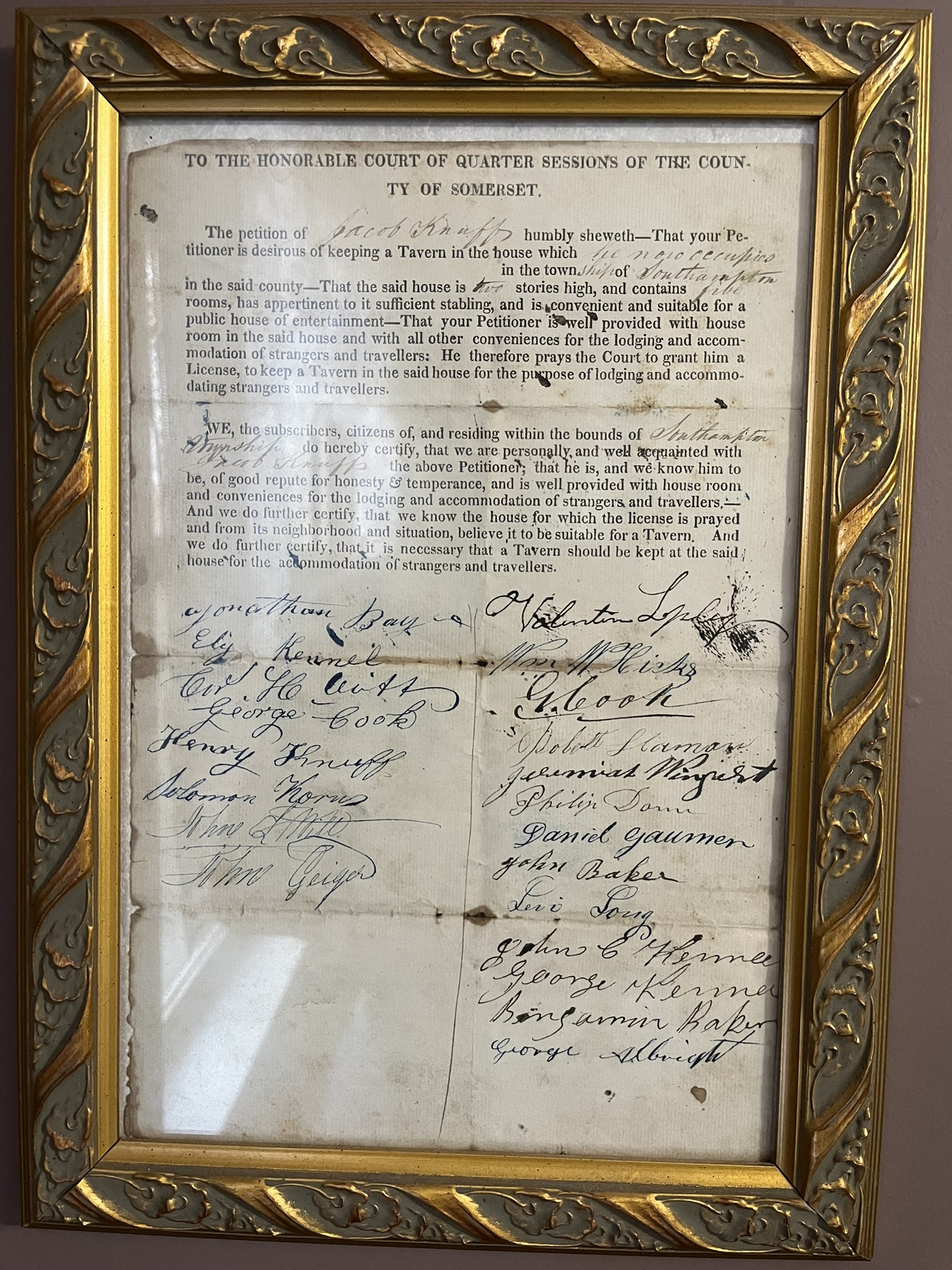 Jacob Knuff Tavern Petition, framed, color