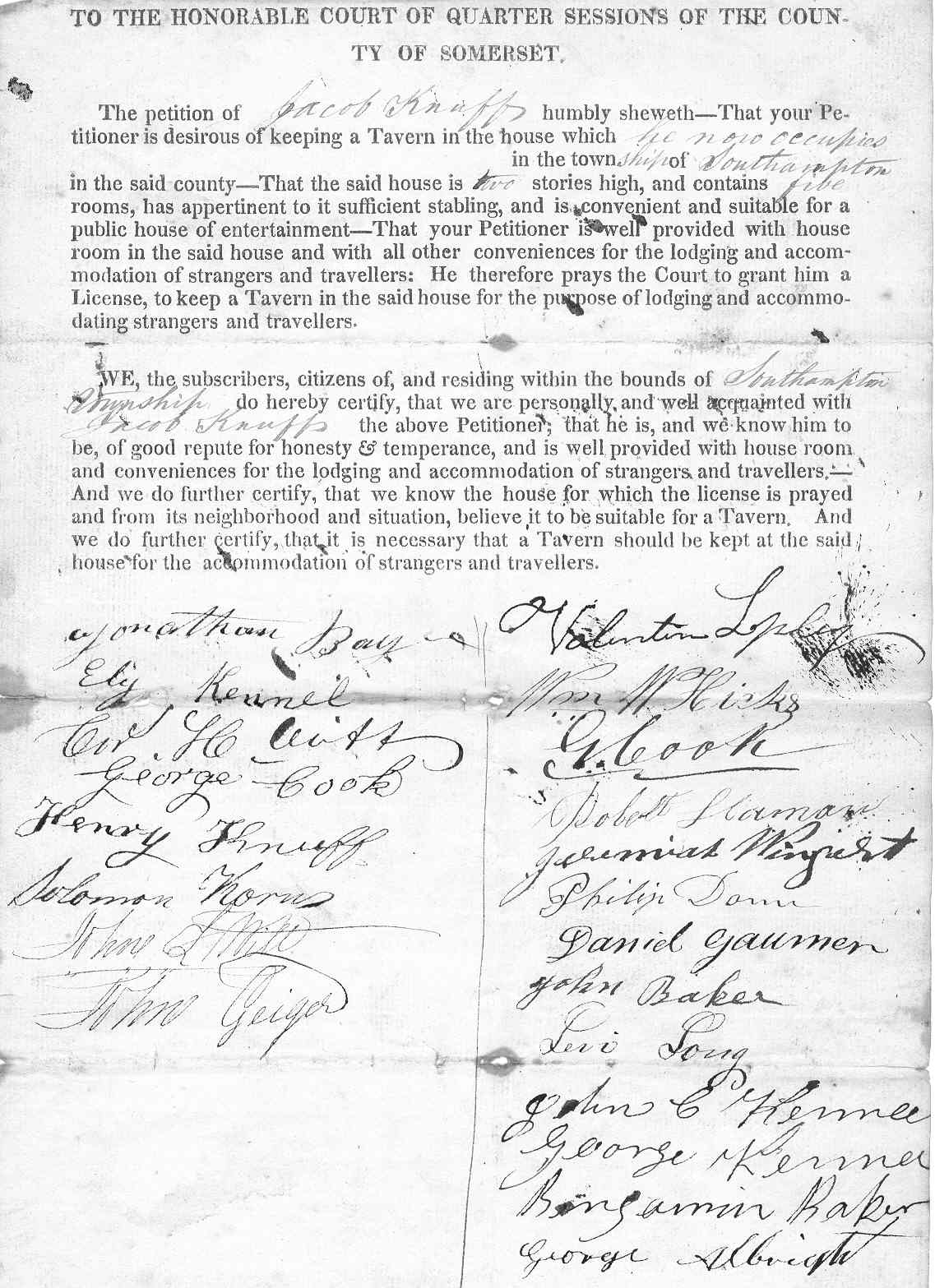 Jacob Knuff Tavern Petition